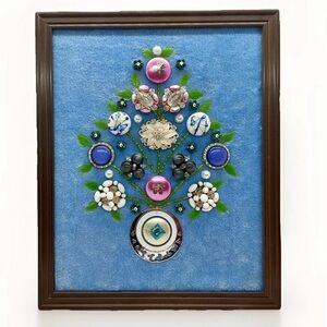 Vintage Mixed Jewelry Art Piece Framed 11”x9” Blue Velour Background Handmade